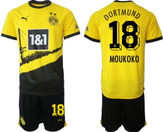 Borussia Dortmund Thuisshirt Youssoufa Moukoko #18 Voetbalshirts 2023-2024 Korte Mouw (+ Korte broeken)