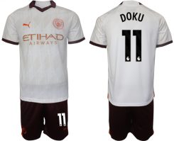 Manchester City Jeremy Doku #11 Uitshirt 2023-2024 Voetbalshirts Korte Mouw (+ Korte broeken)