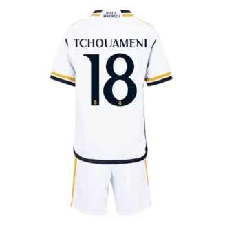 Kids Real Madrid Aurelien Tchouameni #18 Thuisshirt 2023-2024 Voetbalshirts Korte Mouw (+ Korte broeken)